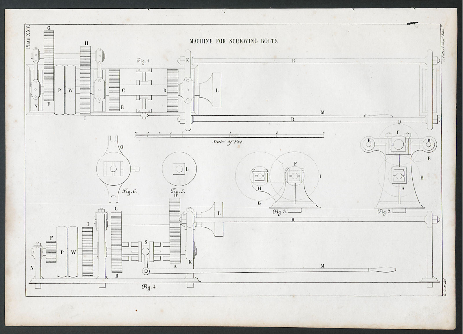 VICTORIAN ENGINEERING DRAWING Machine for Screwing Bolts 1847 old print